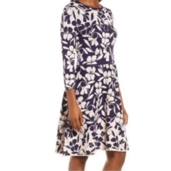 Eliza J Navy and Pink Floral Fit and Flare Knit Sweater Dress Sz S - Picture 2 of 15